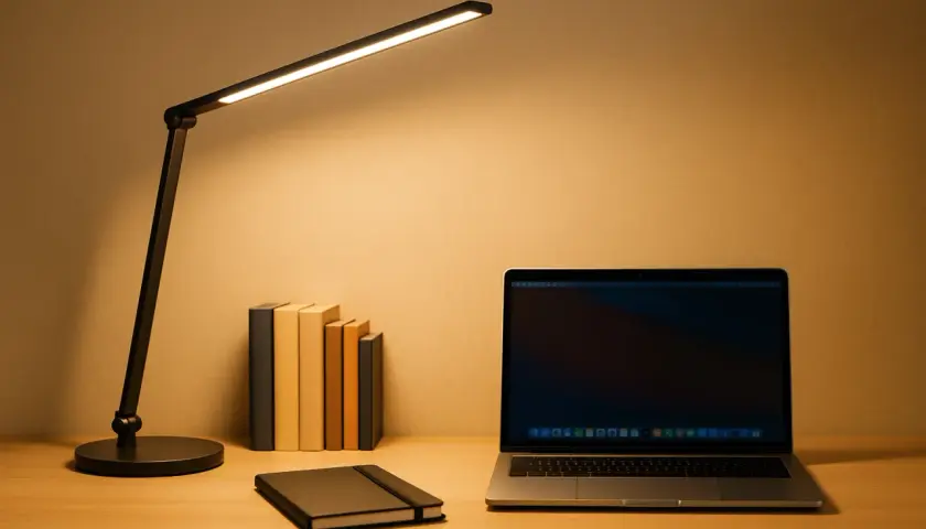 Escritorio con portátil, libros y flexos modernos iluminando la escena.