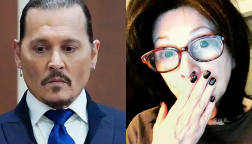 Johnny Depp obok Lori Anne Allison, która zakrywa usta dłonią z czarnym lakierem.