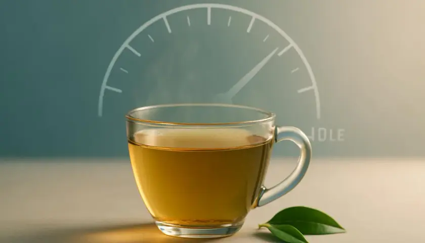 Tazza di tè fumante con sfondo di un indicatore di velocità, suggerendo che la caffeina fa dimagrire.