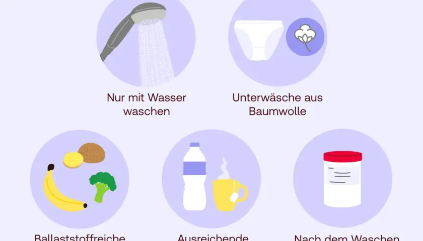 Tipps gegen jucken am After: Nur mit Wasser waschen, Baumwollunterwäsche, ballaststoffreiche Ernährung, viel trinken, Zinkoxidpaste auftragen.