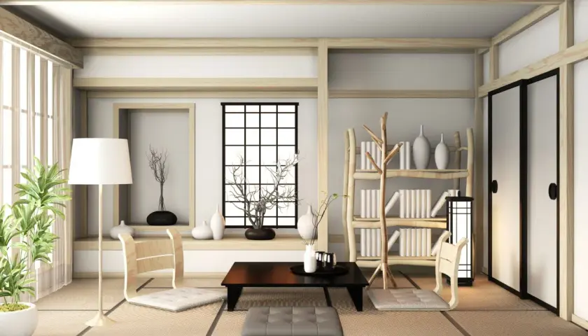 Minimalistyczny pokój młodzieżowy w stylu japońskim. Drewniane meble, tatami, lampa i rośliny tworzą spokojną atmosferę.