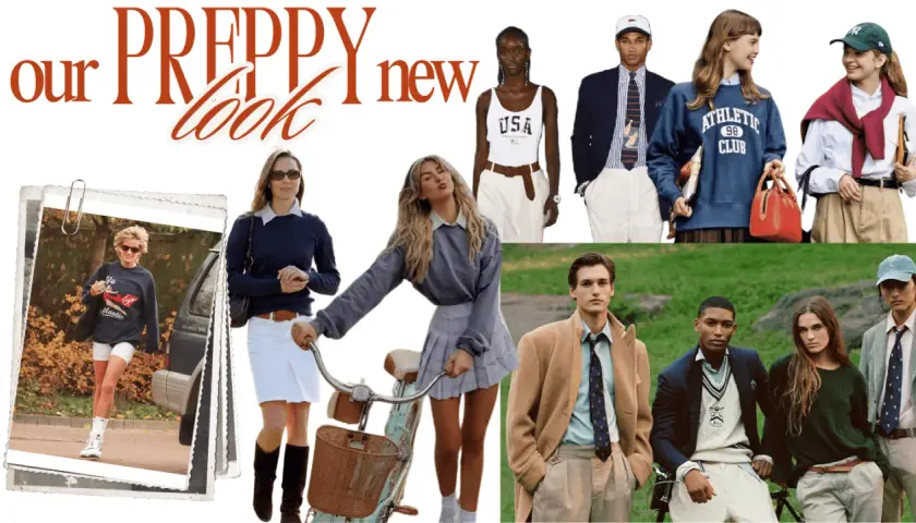 Colección de moda con estilo preppy: jóvenes con looks universitarios, ropa deportiva y trajes clásicos.