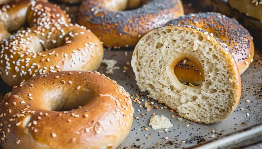Färska bagels med sesamfrön och vallmofrön, redo att baka. En skuren bagel visar det fluffiga inre.