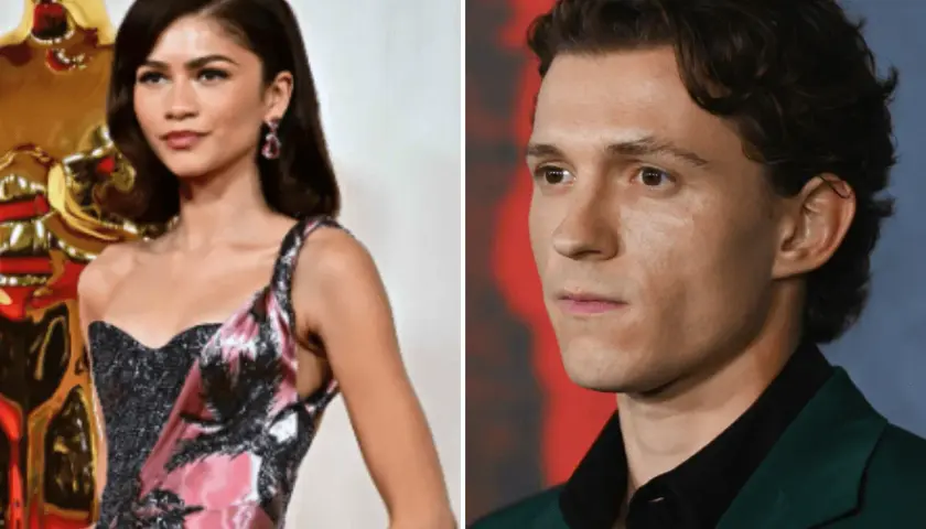 Zendaya w eleganckiej sukni i Tom Holland w zielonym garniturze, para znana z filmów o Spider-Manie.