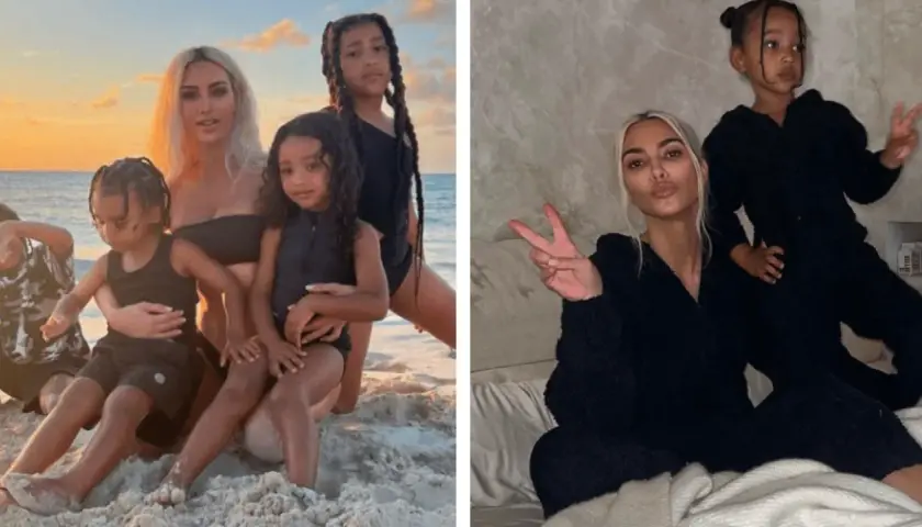 Kim Kardashian z dziećmi na plaży i w domu. Na pierwszym zdjęciu widać Kim z córkami North i Chicago oraz synem Saintem. Na drugim zdjęciu Kim z córką Chicago.