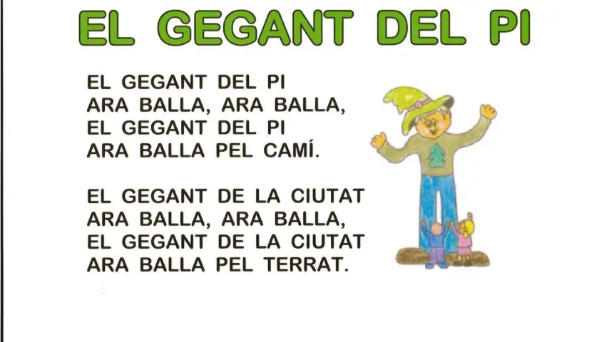 Canciones en valenciano para niños: "El Gegant del Pi" baila por el camino. Un gigante con sombrero verde y dos niños pequeños.