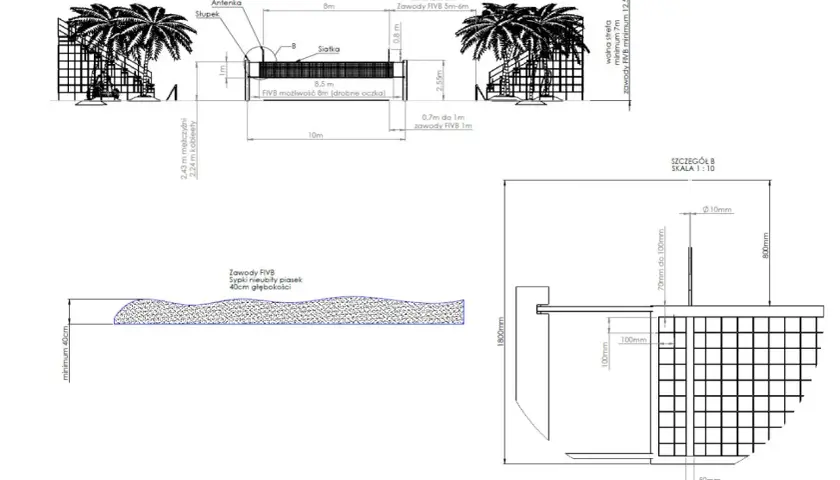 Projekt boiska do siatkówki plażowej FIVB. Wymiary, siatka, słupki, antenka i piasek o głębokości 40cm.