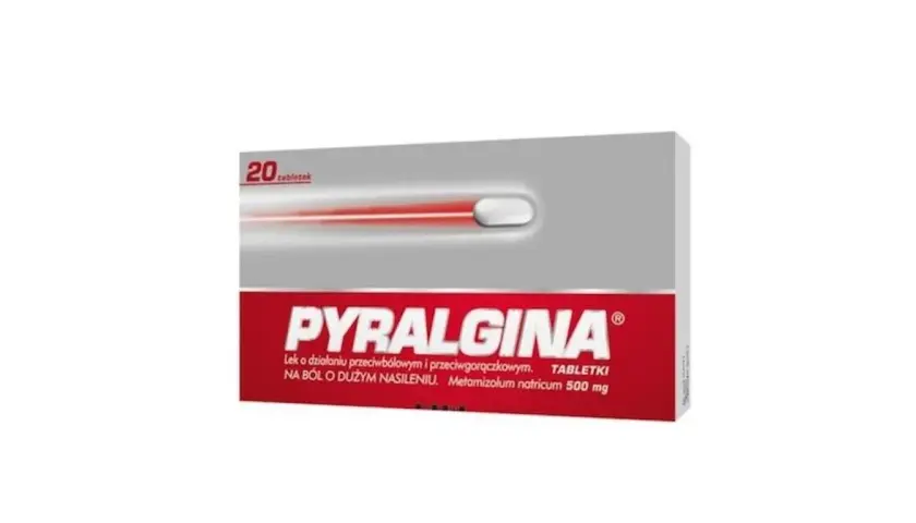Opakowanie leku Pyralgina z 20 tabletkami, zawierające metamizol, na silny ból i gorączkę.