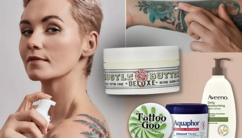 Une femme applique une lotion sur son tatouage. Des produits de soin pour tatouage sont présentés, comme "Hustle Butter" et "Tattoo Goo", pour éviter un tatouage trop hydraté.