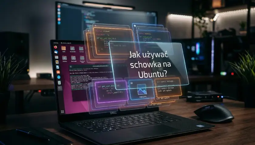 Na ekranie laptopa z Ubuntu wyświetla się pytanie: "Jak używać schowka?". Wirtualne okna z kodem i ikonami unoszą się nad klawiaturą.