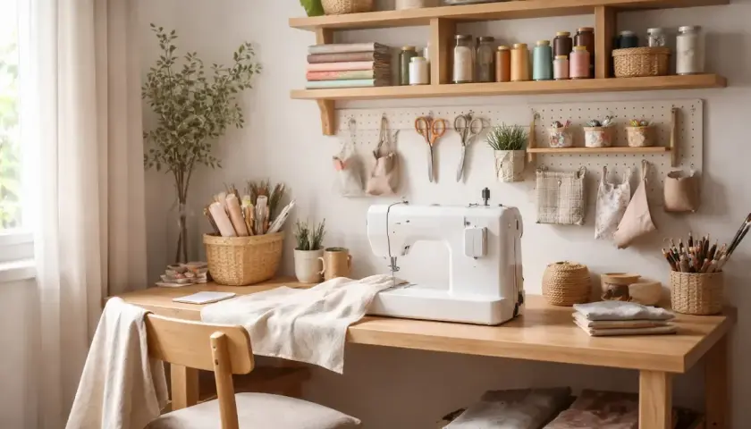 Un acogedor rincón de costura con máquina de coser, telas, hilos y herramientas organizadas en estantes y cestas.