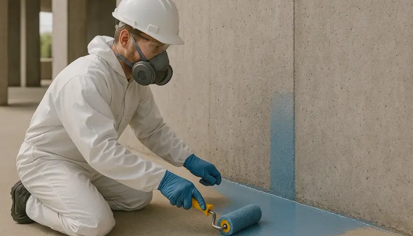 Arbetare i skyddsdräkt och mask behandlar betongskiva med en roller.