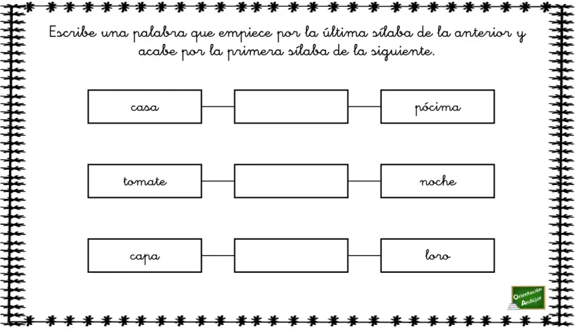 Hoja de trabajo para el juego de palabras encadenadas. Se pide escribir palabras que conecten por sílabas.