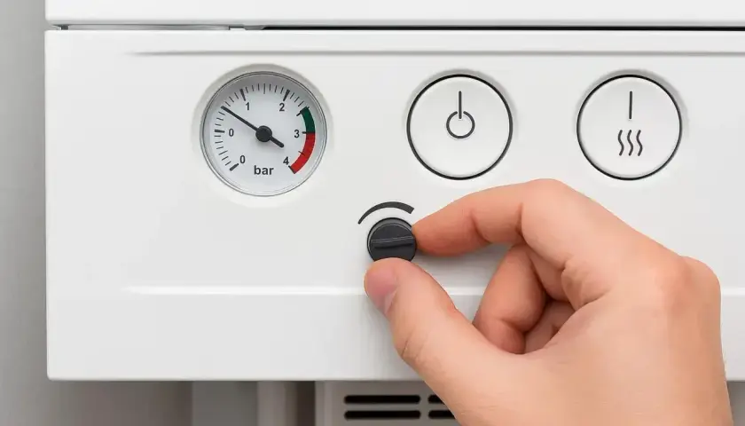 Dłoń kręci pokrętłem pieca, bo temperatura cwu nie rośnie. Manometr wskazuje niskie ciśnienie.