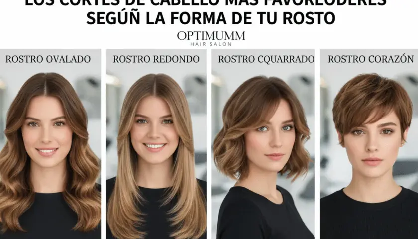 Cuatro mujeres muestran diferentes tipos de flequillo y cortes de cabello para rostros ovalados, redondos, cuadrados y en forma de corazón.