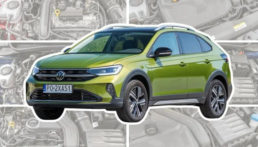Zielony Volkswagen Taigo z czarnym dachem i relingami, na tle schematycznego silnika.