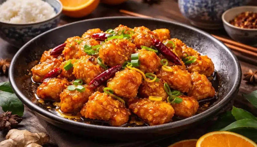 En skål med krispig, glaserad **orange chicken** toppad med salladslök och chilifrukter. Serveras med ris och apelsinskivor.