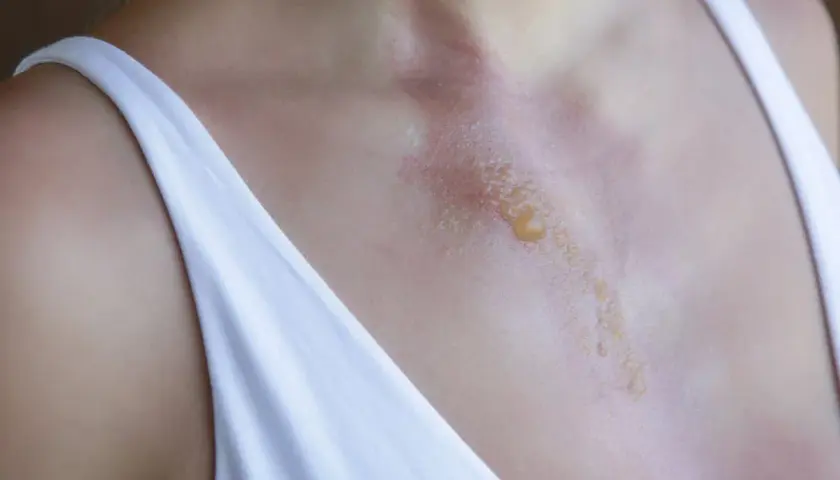 Peau rougie et cloquée sur le décolleté, signe de pigmentation de la peau après brûlure.