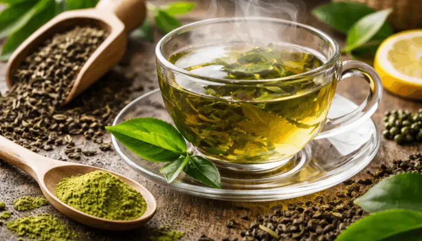 Tazza fumante di tè verde, con foglie e polvere di tè. Scopri i te verde benefici per il tuo benessere.