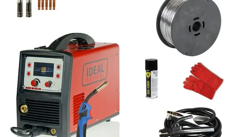 Spawarka IDEAL EXPERT z akcesoriami: drut, rękawice, spray. Powermat to firma oferująca sprzęt spawalniczy.