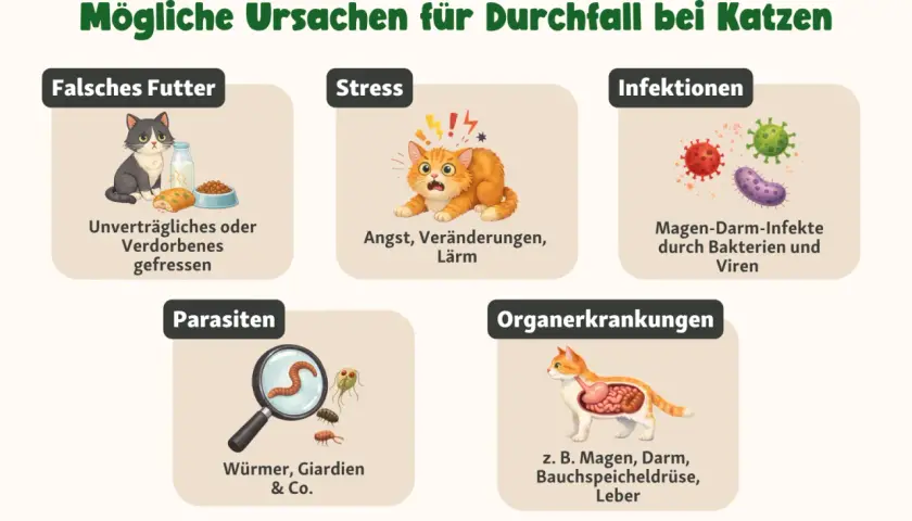 Grafik zeigt mögliche Ursachen für **Katze Durchfall**: Falsches Futter, Stress, Infektionen, Parasiten und Organerkrankungen.