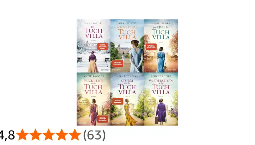 Die Buchreihe "Die Tuch Villa" von Anne Jacobs in chronologischer Reihenfolge: "Die Tuch Villa", "Die Töchter der Tuch Villa", "Das Erbe der Tuch Villa", "Rückkehr in die Tuch Villa", "Sturm über der Tuch Villa", "Wiedersehen in der Tuch Villa".