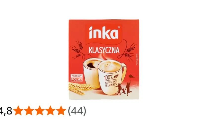 Pudełko Inki Klasycznej z napisem "100% naturalnych składników". Czy kawa inka jest zdrowa? To napój zbożowy, idealny na co dzień.