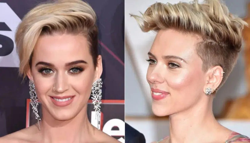 Katy Perry y Scarlett Johansson lucen atrevidos cortes de pelo mujer corto estilo pixie moderno, con laterales rapados y volumen en la parte superior.