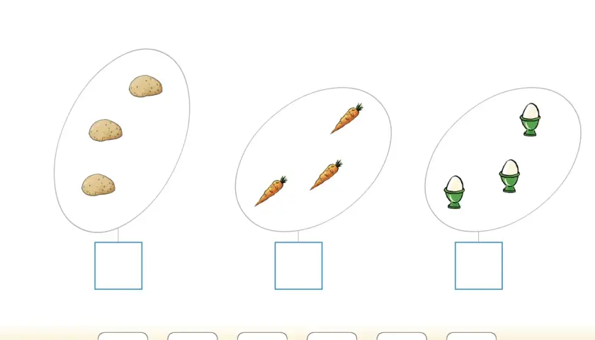 Zähle die Kartoffeln, Karotten und Eier. Übe blitzrechnen online, indem du die richtige Zahl auswählst.
