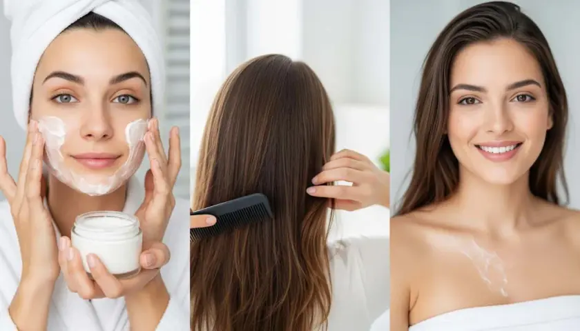Rutina de belleza: mujer aplica crema en rostro, peina su cabello y sonríe con un toque de pantenol que es un humectante.