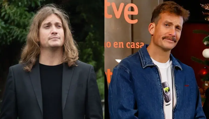 El grison antes y despues: un hombre con pelo largo y traje negro, y el mismo hombre con pelo corto, bigote y chaqueta vaquera.