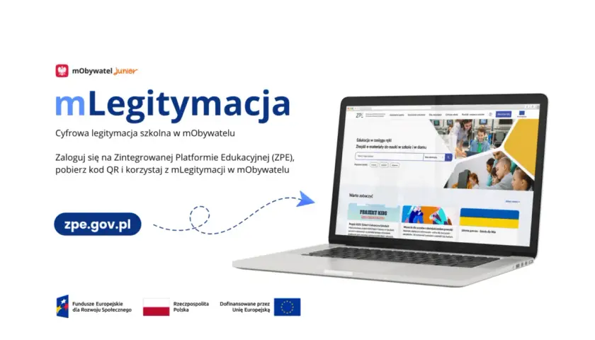 Laptop z otwartą stroną mLegitymacji na ekranie, z tekstem i logotypami.