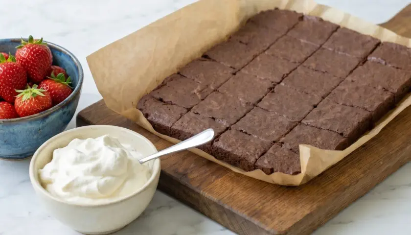 En kladdkaka i långpanna, uppskuren i rutor, serveras med vispad grädde och färska jordgubbar. Perfekt för fikat!