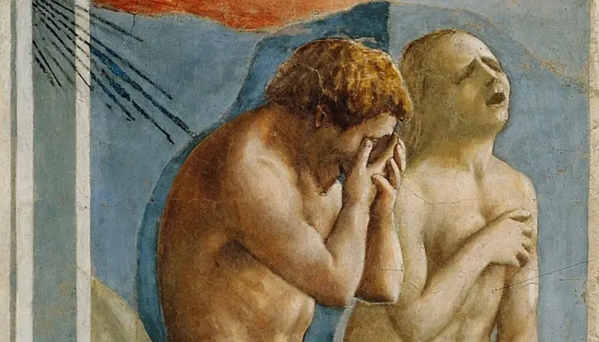 Masaccio wygnanie z raju: Adam i Ewa opłakują swój los, ich twarze wykrzywione bólem po utracie niewinności.