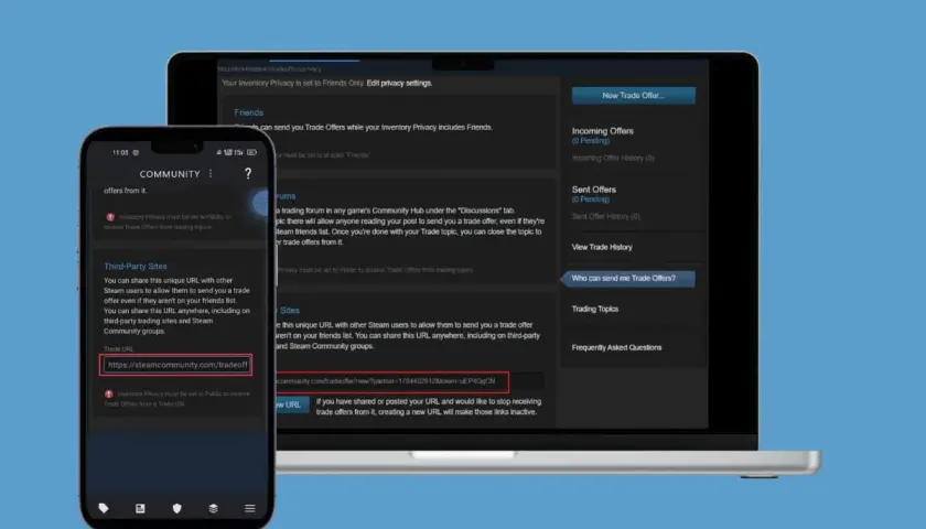 Jak zrobic trade url na Steam? Na ekranie telefonu i laptopa widać instrukcję, jak uzyskać link do wymiany.