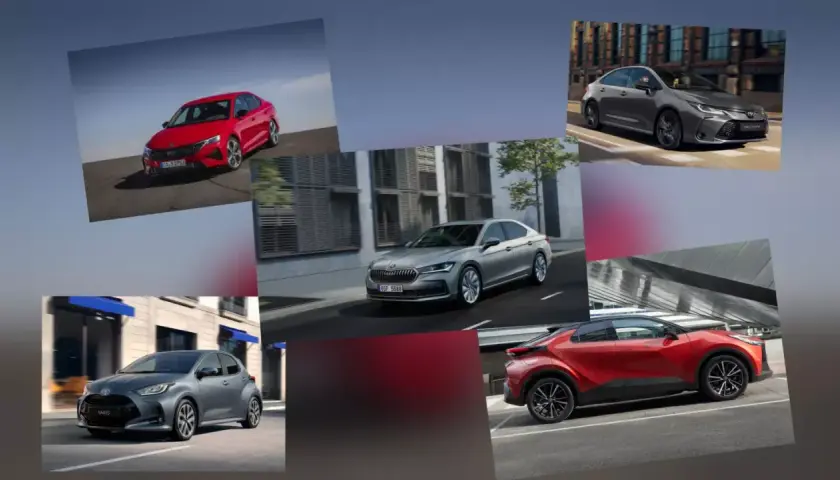 Kolaż samochodów: czerwona Skoda, szara Toyota Yaris, srebrna Skoda, szara Toyota Corolla. Idealne do rankingu leasingów samochodowych.