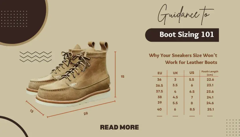 Guidance to Boot Sizing 101, showing a pair of tan leather boots and a size chart to help you find the perfect fit.