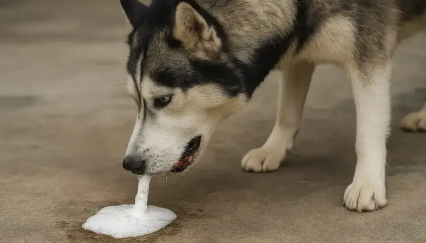 Siberian husky pies wymiotuje niestrawionym jedzeniem. Piana wydobywa się z jego pyska na betonową podłogę.