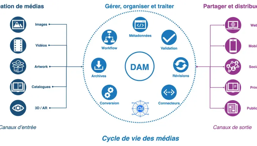 Schéma illustrant le cycle de vie des médias, de la création à la distribution, centré sur un système DAM.