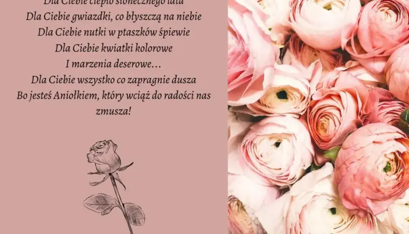 Oryginalne życzenia na 40 urodziny z bukietem różowych kwiatów.