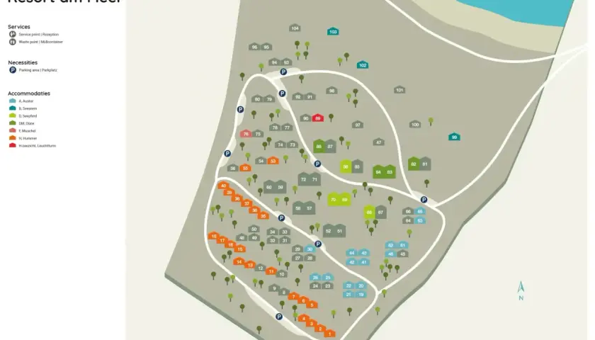 Mapa kurortu HANSA-PARK z zaznaczonymi domkami, parkingami i punktami usługowymi.