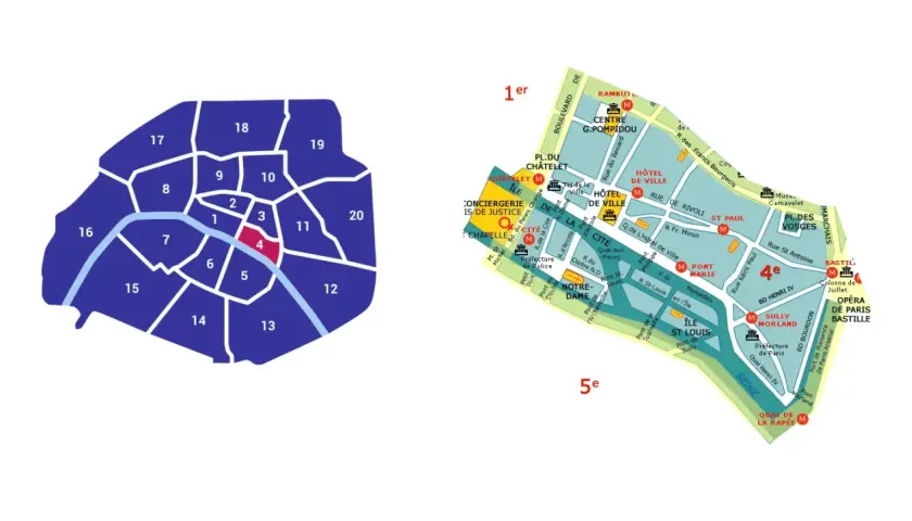 Mapa Paryża z zaznaczonymi dzielnicami. Czwarta dzielnica Paryża, oznaczona numerem 4, znajduje się w centrum, na prawym brzegu Sekwany.