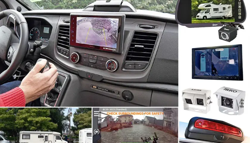 Installation d'une caméra de recul sans fil dans un camping-car. Le tableau de bord affiche l'image de la caméra, facilitant les manœuvres.
