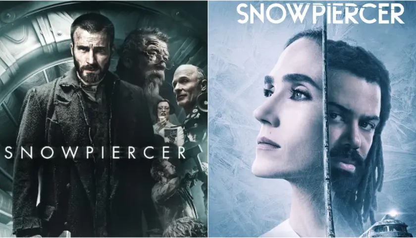 Två affischer för Snowpiercer. Vänster: en man med skägg och mörk rock. Höger: en kvinna och en man med dreadlocks.