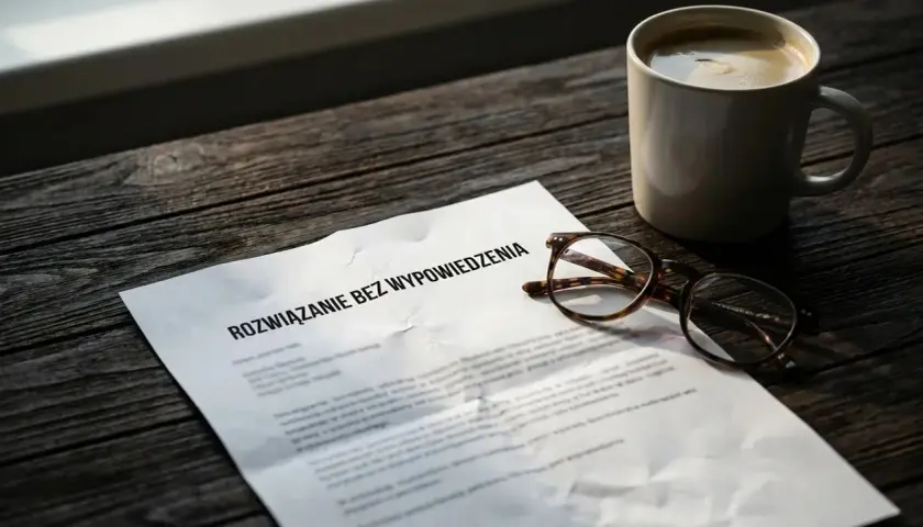 Dokument "Rozwiązanie bez wypowiedzenia", okulary i filiżanka kawy na drewnianym stole.