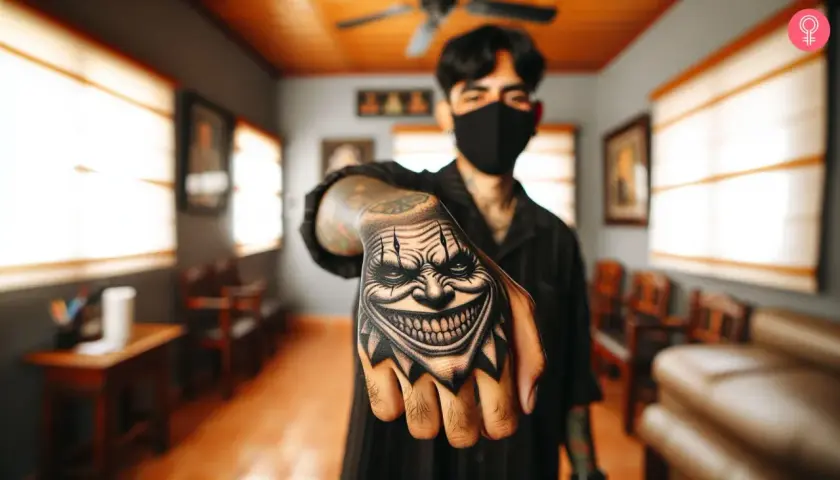 Mroczny tatuaż joker na dłoni mężczyzny, z przerażającym uśmiechem i oczami.