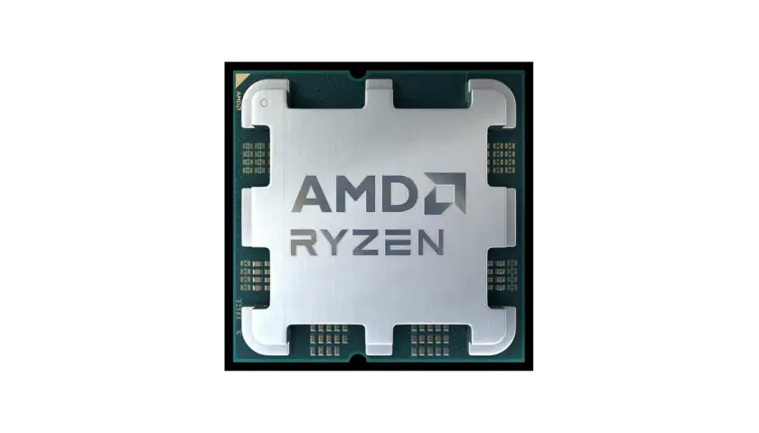 Procesador AMD Ryzen 5 7500F, con el logo de AMD y Ryzen grabado en su superficie metálica.