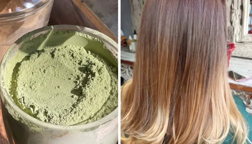 Polvo verde de que es la henna en un recipiente, junto a un cabello teñido con tonos cobrizos y rubios.