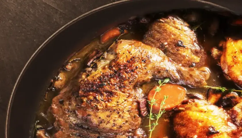 Un plat de coq au vin mijoté, avec des morceaux de poulet dorés, des carottes et des champignons. Le vin rouge utilisé pour la cuisson est essentiel pour ce plat.
