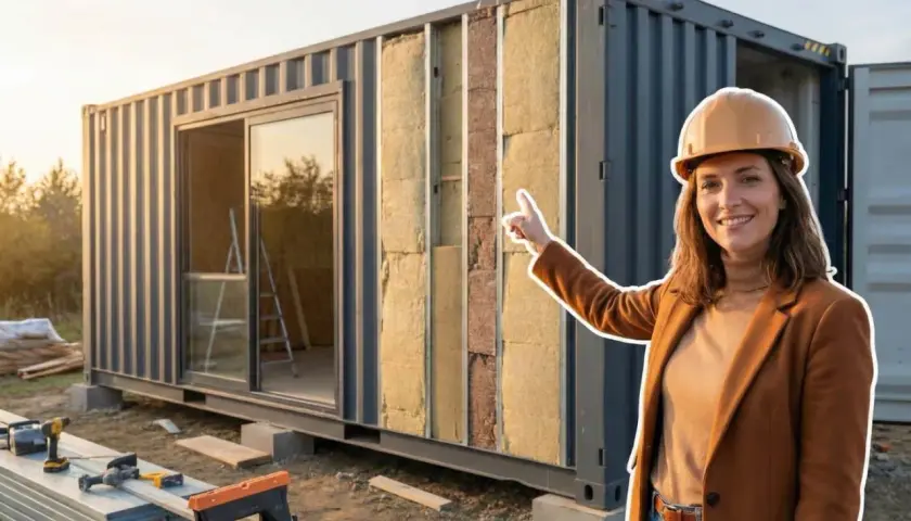 Une femme souriante, casque sur la tête, montre l'isolation d'un container aménagé en habitation. Le chantier est visible.